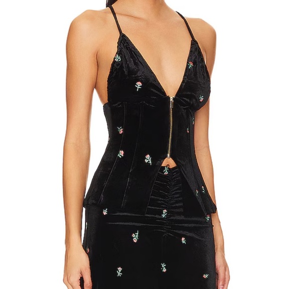 WeWoreWhat Embroider Velvet Peplum Corset Ruched Skirt Set NWT 0 XS - Picture 3 of 11